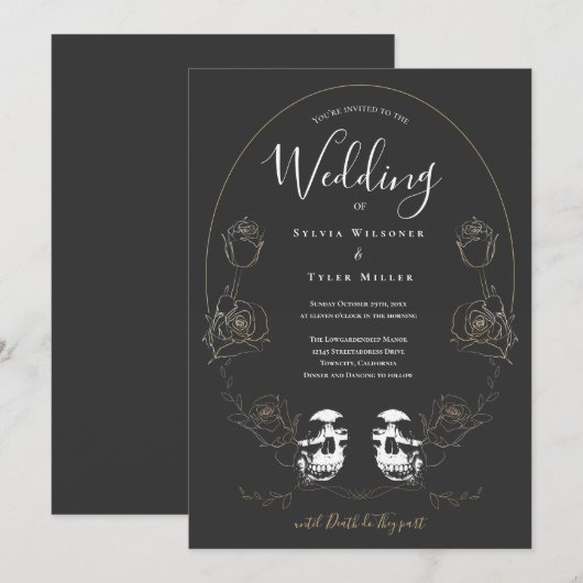 Skull Floral Gray Gothic Wedding Kaart (Voorkant / Achterkant)
