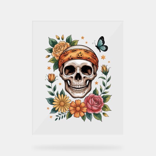 Skull Floral Halloween Spooky Acryl Bord (Voorkant)