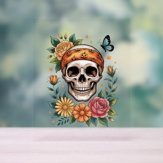 Skull Floral Halloween Spooky Acryl Bord (Neutraal)