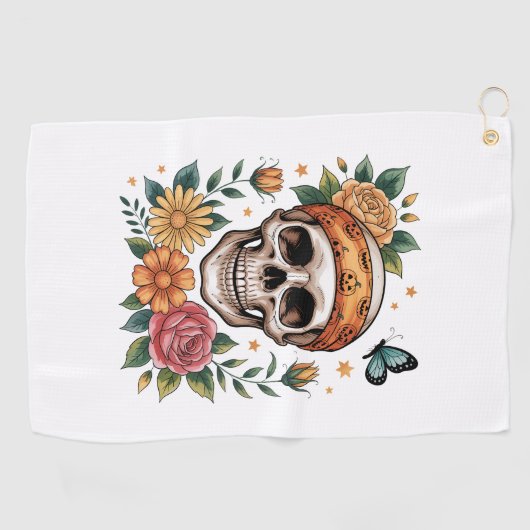 Skull Floral Halloween Spooky Golfhanddoek (Horizontaal)