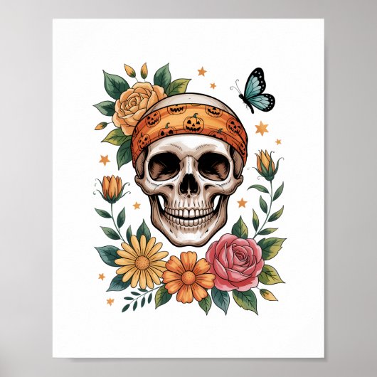 Skull Floral Halloween Spooky Poster (Voorkant)