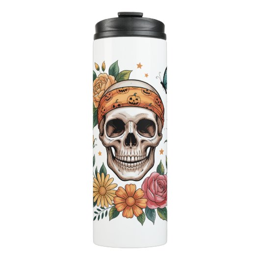 Skull Floral Halloween Spooky Thermosbeker (Voorkant)