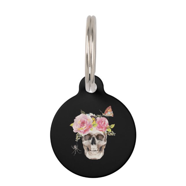 Skull Flowers Butterfly Spider Halloween Gift Huisdierpenning (Voorkant)