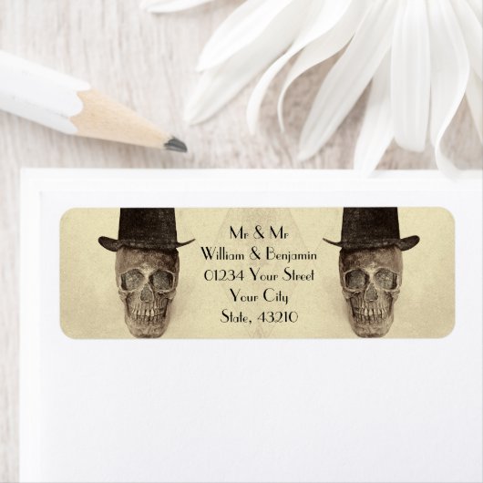 Skull Gay Mr. en Mr.  Retro Sepia Wedding Etiket (Insitu)