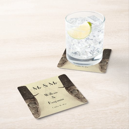 Skull Gay Mr. en Mr.  Retro Sepia Wedding Kartonnen Onderzetters (Insitu)