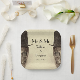 Skull Gay Mr. en Mr.  Retro Sepia Wedding Papieren Bordje