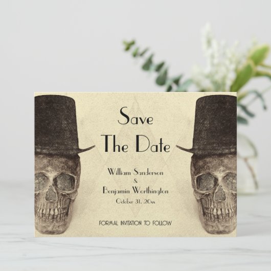 Skull Gay Mr. en Mr.  Retro Sepia Wedding Save The Date (Staand voorkant)