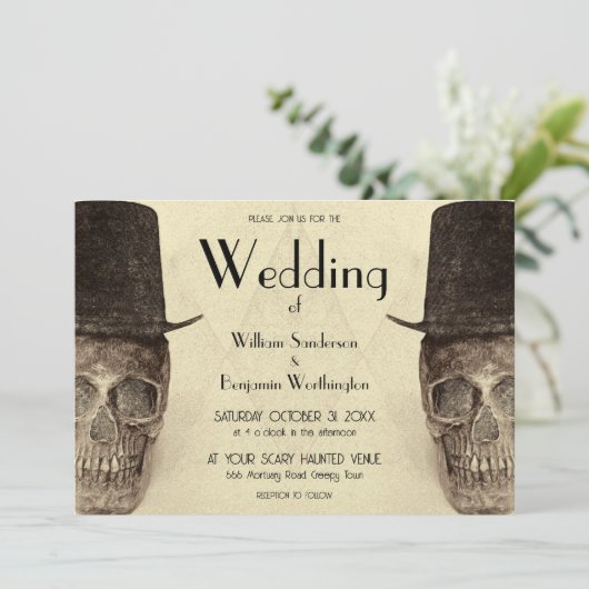 Skull Gay Mr. en Mr.  Sepia Retro bruiloft Kaart (Staand voorkant)