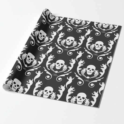 Skull & Ghosts Damask Cadeaupapier (Uitgerold)