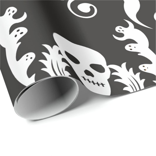 Skull & Ghosts Damask Cadeaupapier (Rol Hoek)