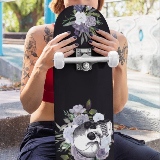Skull Goth Black White Floral Flower Persoonlijk Skateboard