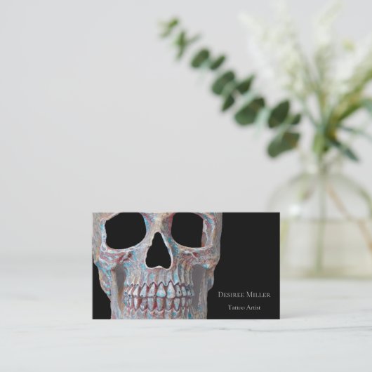 Skull Gothic Cool Grey Blue Black Tattoo Shop Visitekaartje (Staand voorkant)