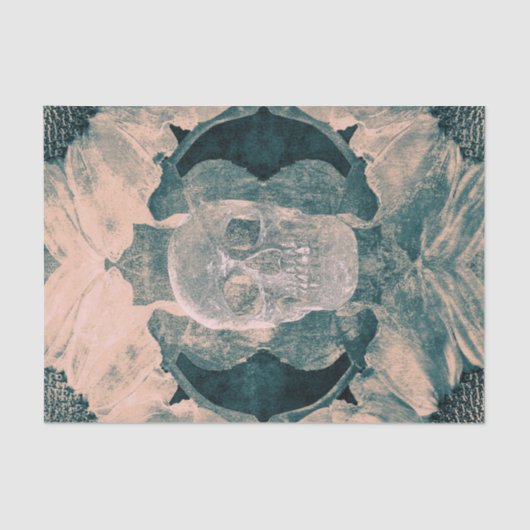 Skull Gothic Floral Blauwgroen Beige Grunge Textur Tissuepapier (Voorkant)