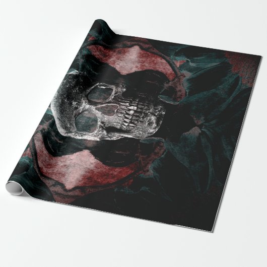 Skull Gothic Floral Blauwgroen Black Red Grunge Te Cadeaupapier (Uitgerold)
