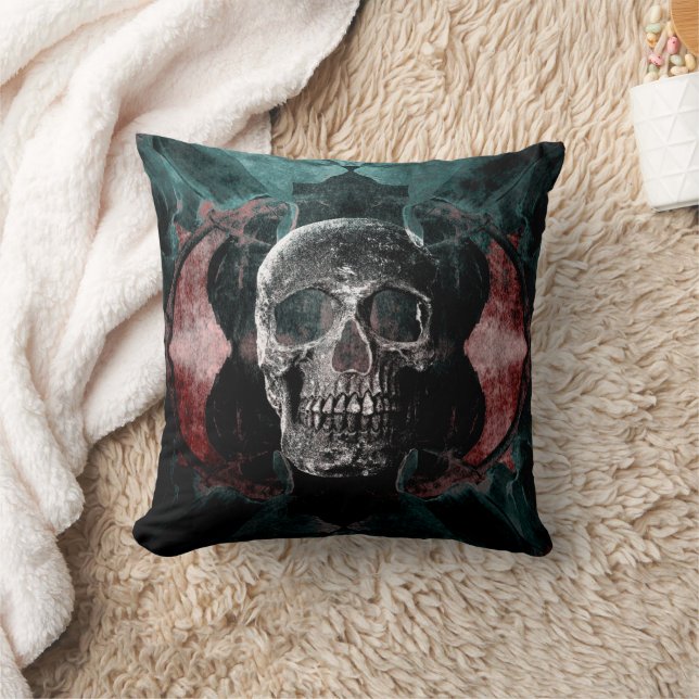 Skull Gothic Floral Blauwgroen Black Red Grunge Te Kussen (Deken)