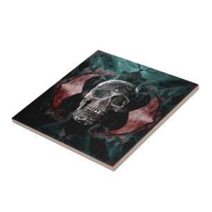Skull Gothic Floral Blauwgroen Black Red Grunge Te Tegeltje