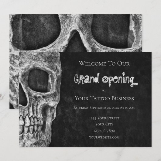 Skull Gothic Grand Opening Black White Tattoo Shop Kaart (Voorkant / Achterkant)