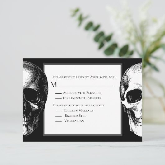 Skull Gothic Halloween Wedding Reply Kaart (Staand voorkant)