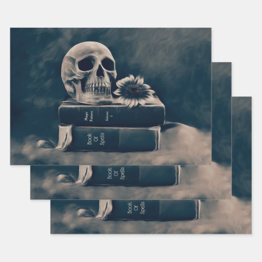 Skull Gothic  Old Books Cyanotype Sunflower Inpakpapier Vel (Set)
