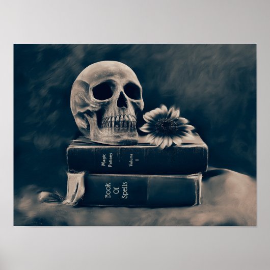 Skull Gothic  Old Books Cyanotype Sunflower Poster (Voorkant)