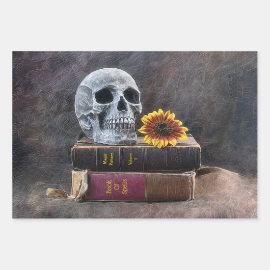 Skull Gothic Old Books Yellow Sunflower Inpakpapier Vel (Voorkant)