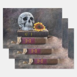 Skull Gothic  Old Books Yellow Sunflower Inpakpapier Vel