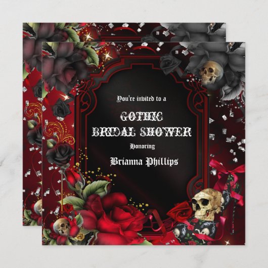 Skull Gothic Red Black Rozen Bling Invitation Kaart (Voorkant / Achterkant)