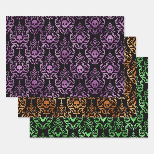 Skull Halloween Damask in Purple, Orange, Green Inpakpapier Vel (Set)