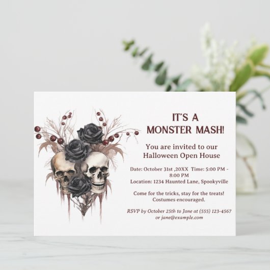 Skull Halloween Open House Uitnodiging (Staand voorkant)