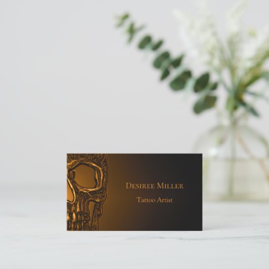 Skull Head Gothic Gold Metallic Tattoo Shop Visitekaartje (Staand voorkant)