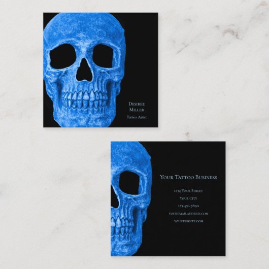 Skull Head Gothic Neon Blue Black Tattoo Shop Vierkante Visitekaartje (Voorkant / Achterkant)
