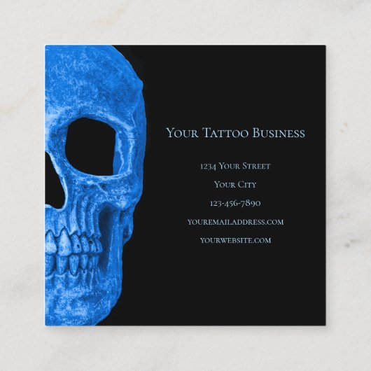 Skull Head Gothic Neon Blue Black Tattoo Shop Vierkante Visitekaartje (Achterkant)