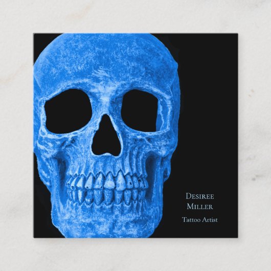 Skull Head Gothic Neon Blue Black Tattoo Shop Vierkante Visitekaartje (Voorkant)