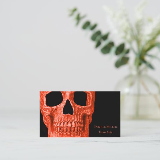 Skull Head Gothic Neon Oranje Black Tattoo Shop Visitekaartje (Staand voorkant)