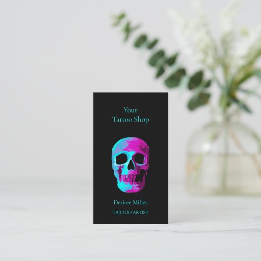 Skull Head Gothic Neon Paars Blauwgroen zwart desi Visitekaartje (Staand voorkant)