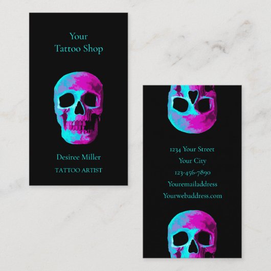 Skull Head Gothic Neon Paars Blauwgroen zwart desi Visitekaartje (Voorkant / Achterkant)