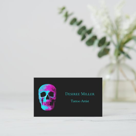 Skull Head Gothic Neon Paars Blauwgroen zwart desi Visitekaartje (Staand voorkant)