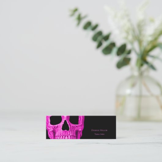 Skull Head Gothic Neon Pink Black Tattoo Shop Mini Visitekaartje (Staand voorkant)