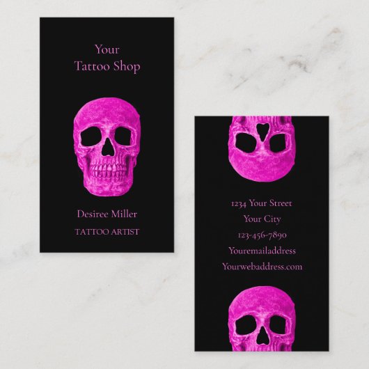 Skull Head Gothic Neon Pink Black Tattoo Shop Visitekaartje (Voorkant / Achterkant)