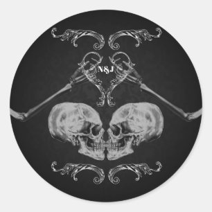 "Skull in Love"  Skeletons Black Wedding Ronde Sticker