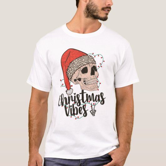 Skull Kerstvibes Skeleton Santa Hat Xmas Holi T-shirt (Voorkant)