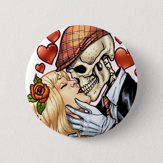 Skull Kiss met hart en Rozen van Al Rio Ronde Button 5,7 Cm (Voorkant)