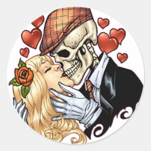 Skull Kiss met hart en Rozen van Al Rio Ronde Sticker