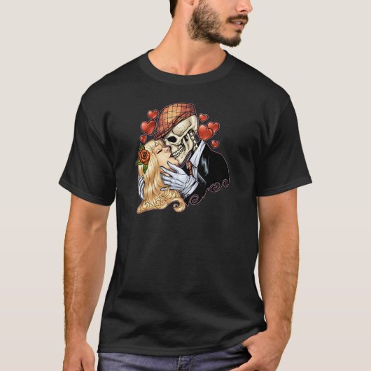 Skull Kiss met hart en Rozen van Al Rio T-shirt (Voorkant)