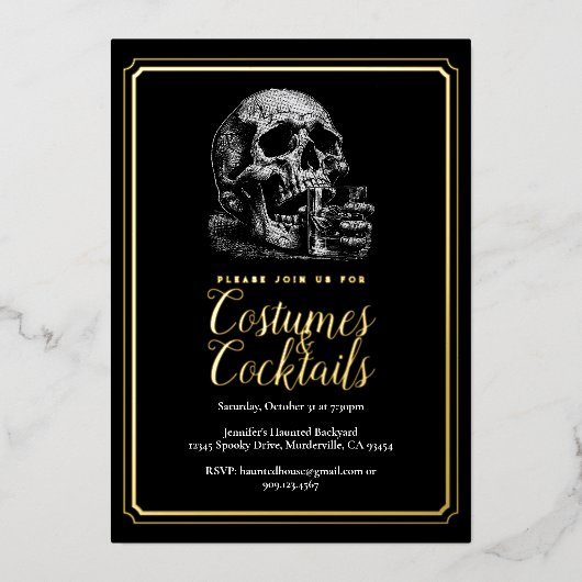  Skull Kostuums & Cocktails Halloween Party Folie Uitnodiging (Voorkant)