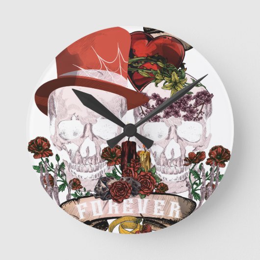 Skull Love Marriage Skeleton Couple Ronde Klok (Voorkant)
