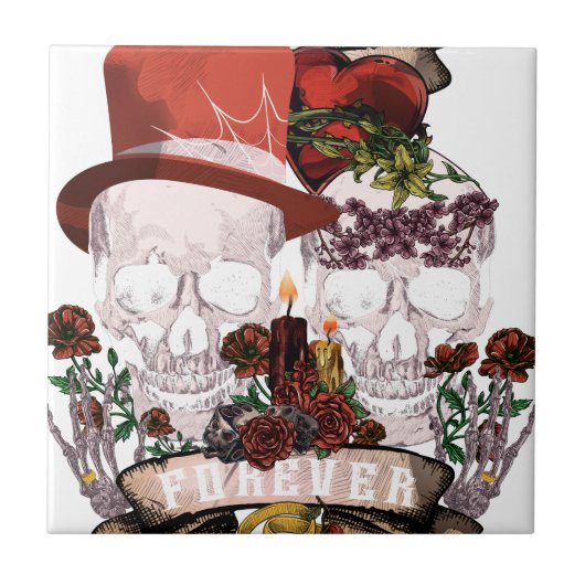 Skull Love Marriage Skeleton Couple Tegeltje (Voorkant)