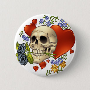Skull Love - Skulls, Rozen and Hearts by Al Rio Ronde Button 5,7 Cm