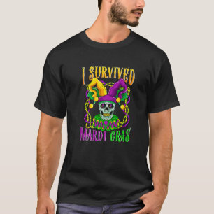 Skull Mardi Gras Jester Pet Skeleton I Survived Ma T-shirt