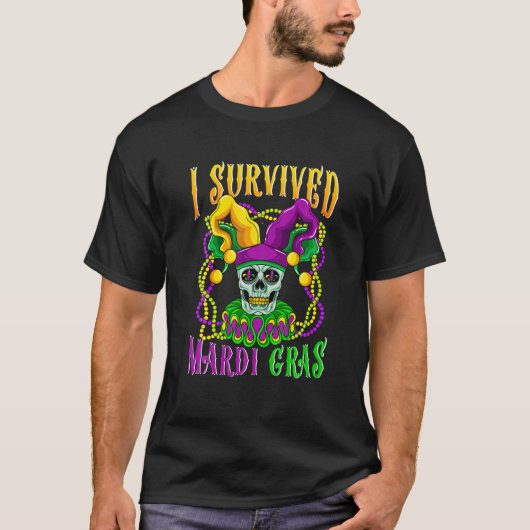 Skull Mardi Gras Jester Pet Skeleton I Survived Ma T-shirt (Voorkant)